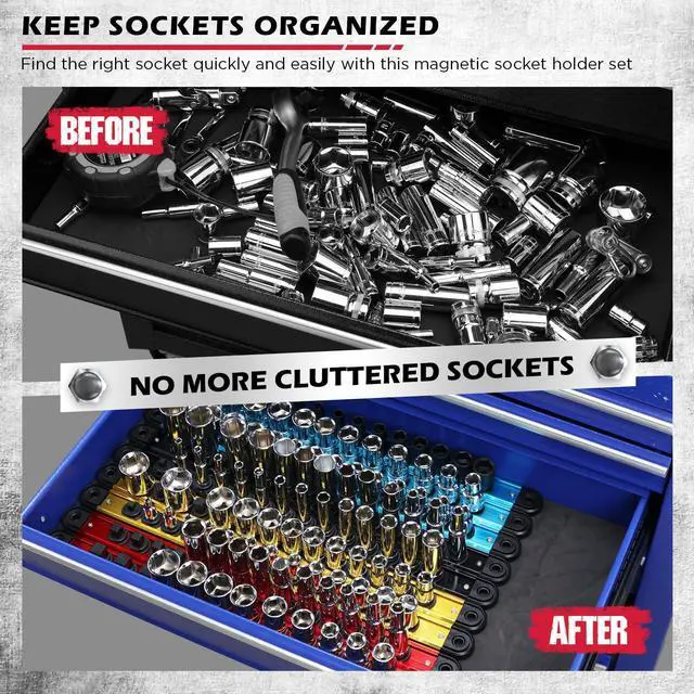 Alt view image 7 of 7 - 18-Piece Magnetic Socket Holder Organizer Set (Holds 240 Sockets), Heavy Duty 1/2, 3/8, 1/4-Inch Socket Racks Premium Quality Socket-Clip Rail Holder Aluminum Sockets Rack Kit for Tool Box Drawer
