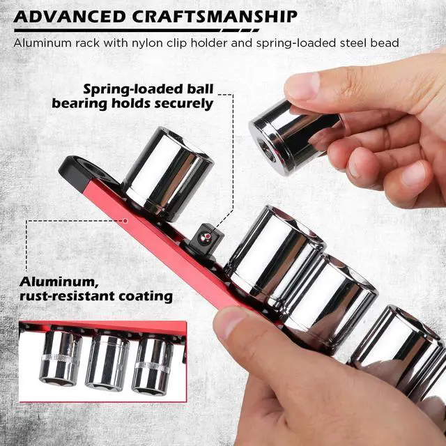 Alt view image 5 of 7 - 18-Piece Magnetic Socket Holder Organizer Set (Holds 240 Sockets), Heavy Duty 1/2, 3/8, 1/4-Inch Socket Racks Premium Quality Socket-Clip Rail Holder Aluminum Sockets Rack Kit for Tool Box Drawer