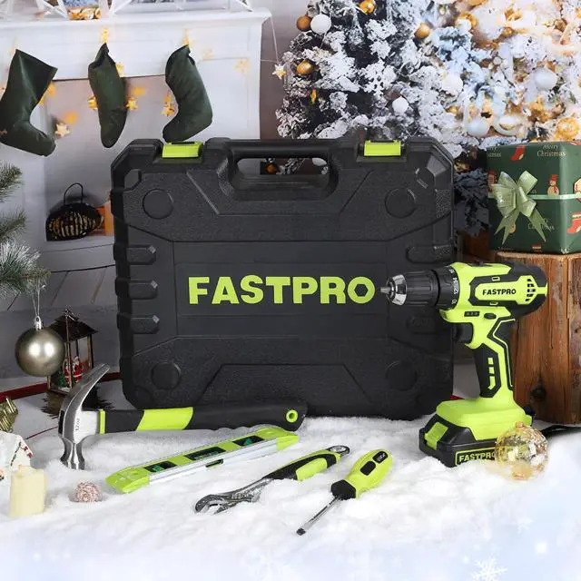 Alt view image 2 of 7 - 177-Piece 20V Cordless Lithium-ion Drill Driver and Home Tool Set, Household Repairing Tool Kit with Drill in Storage Case, Green