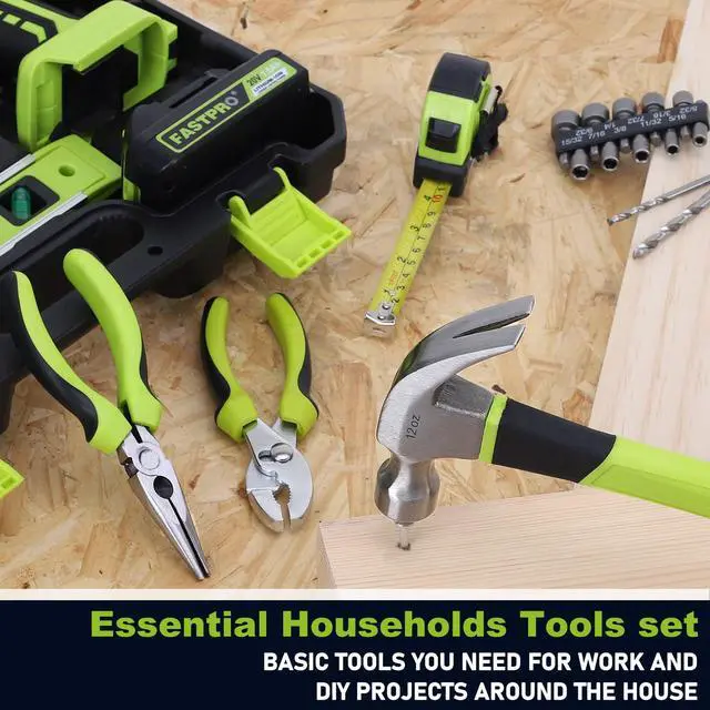 Alt view image 7 of 7 - 177-Piece 20V Cordless Lithium-ion Drill Driver and Home Tool Set, Household Repairing Tool Kit with Drill in Storage Case, Green