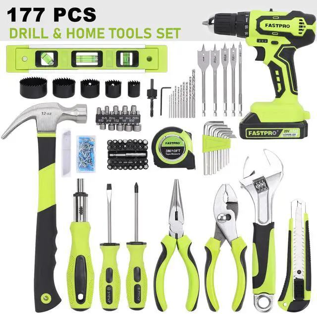 Alt view image 3 of 7 - 177-Piece 20V Cordless Lithium-ion Drill Driver and Home Tool Set, Household Repairing Tool Kit with Drill in Storage Case, Green