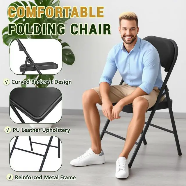 Alt view image 2 of 6 - Folding Chair 4 Pack, Comfy PU Leather Padded Folding Chairs for Outside and Indoor, Heavy Duty Portable Foldable Metal Commercial Seat for Home Office, Dorm, Party, Backyard, Lawn, Patio