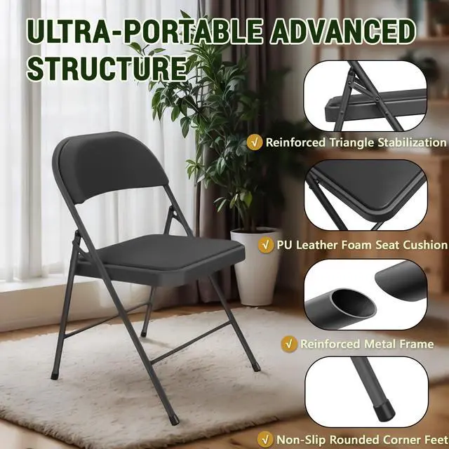 Alt view image 4 of 6 - Folding Chair 4 Pack, Comfy PU Leather Padded Folding Chairs for Outside and Indoor, Heavy Duty Portable Foldable Metal Commercial Seat for Home Office, Dorm, Party, Backyard, Lawn, Patio