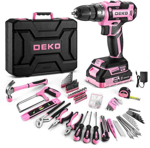 Main image of Pink Drill Tool Kit Set: 20V Cordless Power Drill Tool Box with Battery Electric Drill Driver for Men Home Hand Repair Basic Toolbox Tools Sets Drills Case, DKMT186-GP