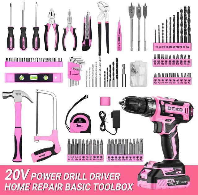Alt view image 2 of 7 - Pink Drill Tool Kit Set: 20V Cordless Power Drill Tool Box with Battery Electric Drill Driver for Men Home Hand Repair Basic Toolbox Tools Sets Drills Case, DKMT186-GP