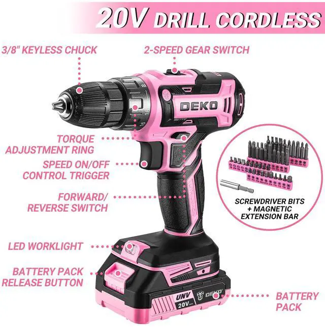 Alt view image 3 of 7 - Pink Drill Tool Kit Set: 20V Cordless Power Drill Tool Box with Battery Electric Drill Driver for Men Home Hand Repair Basic Toolbox Tools Sets Drills Case, DKMT186-GP
