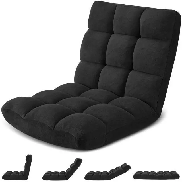 Main image of Folding Floor Gaming Chair, 14-Position Adjustable Backrest, Skin-Friendly Flannel & Aluminum Alloy Frame, Ideal for Reading, Gaming, Sleeping, Black