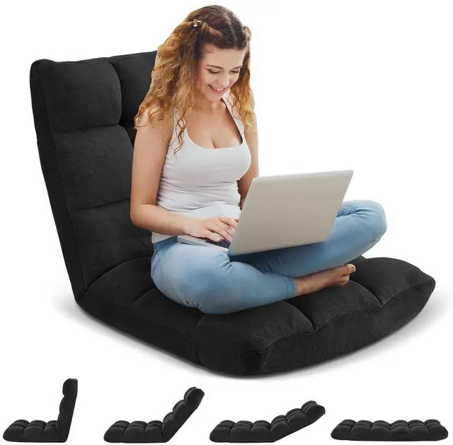 Alt view image 2 of 7 - Folding Floor Gaming Chair, 14-Position Adjustable Backrest, Skin-Friendly Flannel & Aluminum Alloy Frame, Ideal for Reading, Gaming, Sleeping, Black