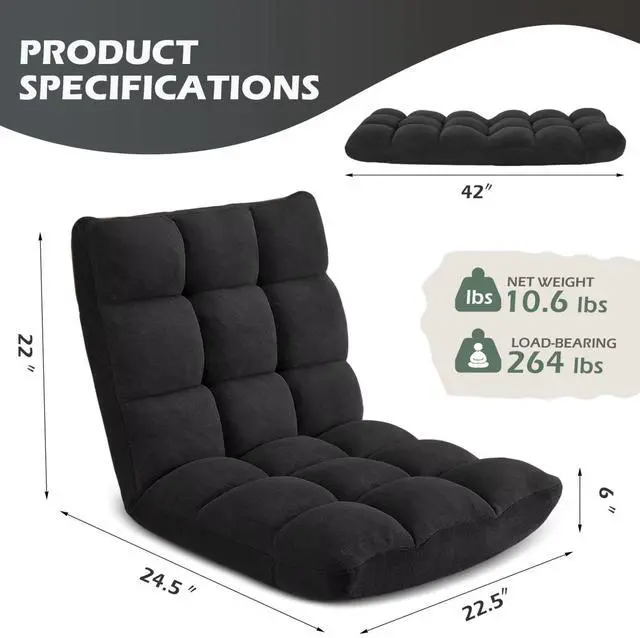 Alt view image 3 of 7 - Folding Floor Gaming Chair, 14-Position Adjustable Backrest, Skin-Friendly Flannel & Aluminum Alloy Frame, Ideal for Reading, Gaming, Sleeping, Black
