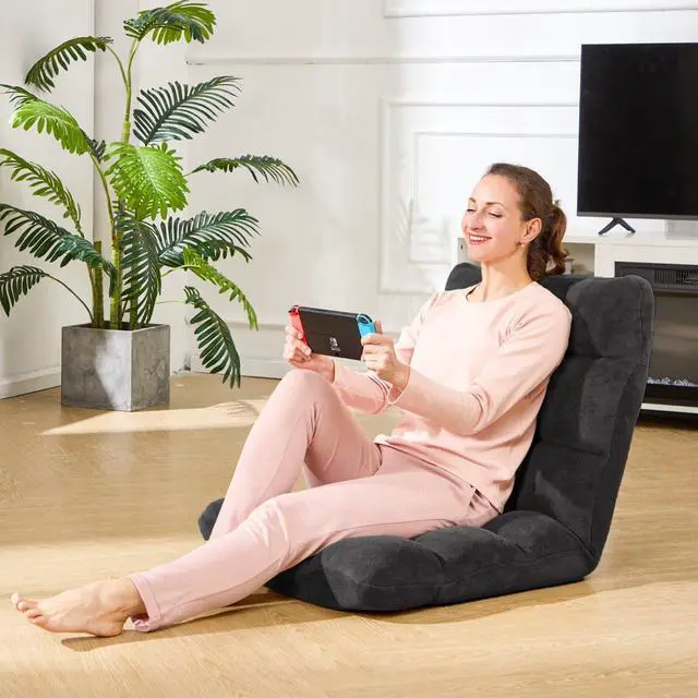 Alt view image 5 of 7 - Folding Floor Gaming Chair, 14-Position Adjustable Backrest, Skin-Friendly Flannel & Aluminum Alloy Frame, Ideal for Reading, Gaming, Sleeping, Black