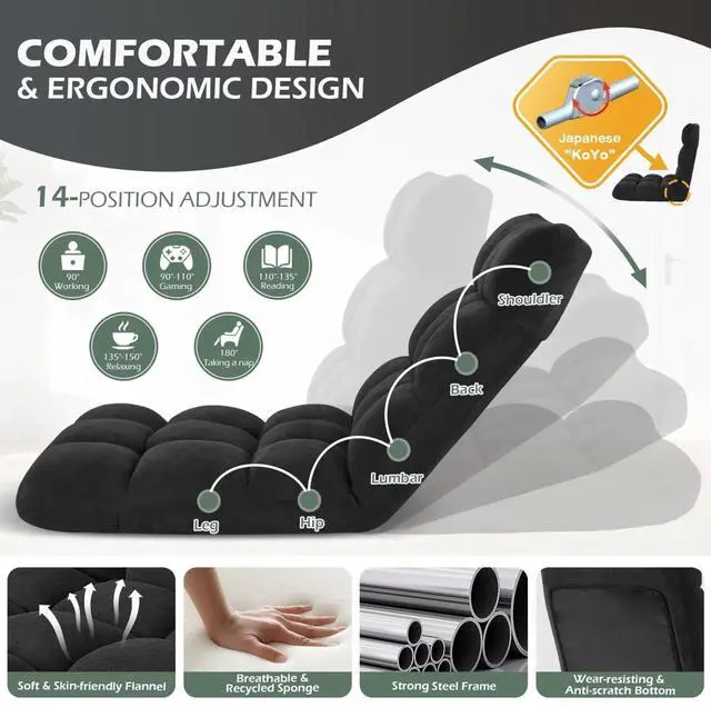 Alt view image 4 of 7 - Folding Floor Gaming Chair, 14-Position Adjustable Backrest, Skin-Friendly Flannel & Aluminum Alloy Frame, Ideal for Reading, Gaming, Sleeping, Black