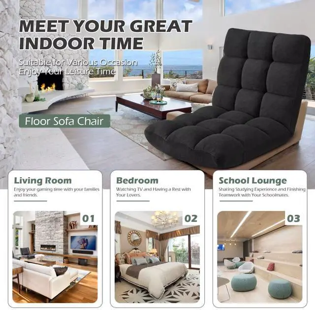 Alt view image 6 of 7 - Folding Floor Gaming Chair, 14-Position Adjustable Backrest, Skin-Friendly Flannel & Aluminum Alloy Frame, Ideal for Reading, Gaming, Sleeping, Black