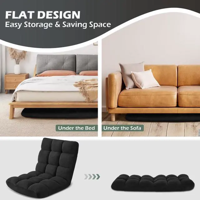 Alt view image 7 of 7 - Folding Floor Gaming Chair, 14-Position Adjustable Backrest, Skin-Friendly Flannel & Aluminum Alloy Frame, Ideal for Reading, Gaming, Sleeping, Black