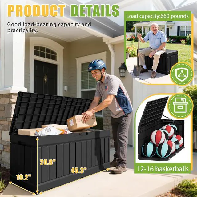 Alt view image 6 of 7 - 82 Gallon Resin Deck Box Large Outdoor Storage for Patio Furniture, Garden Tools, Pool Supplies, Weatherproof and UV Resistant, Lockable, Black