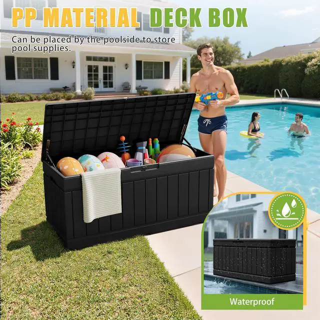 Alt view image 2 of 7 - 82 Gallon Resin Deck Box Large Outdoor Storage for Patio Furniture, Garden Tools, Pool Supplies, Weatherproof and UV Resistant, Lockable, Black