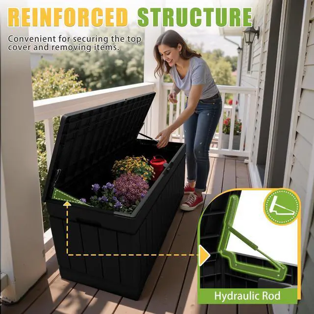 Alt view image 5 of 7 - 82 Gallon Resin Deck Box Large Outdoor Storage for Patio Furniture, Garden Tools, Pool Supplies, Weatherproof and UV Resistant, Lockable, Black