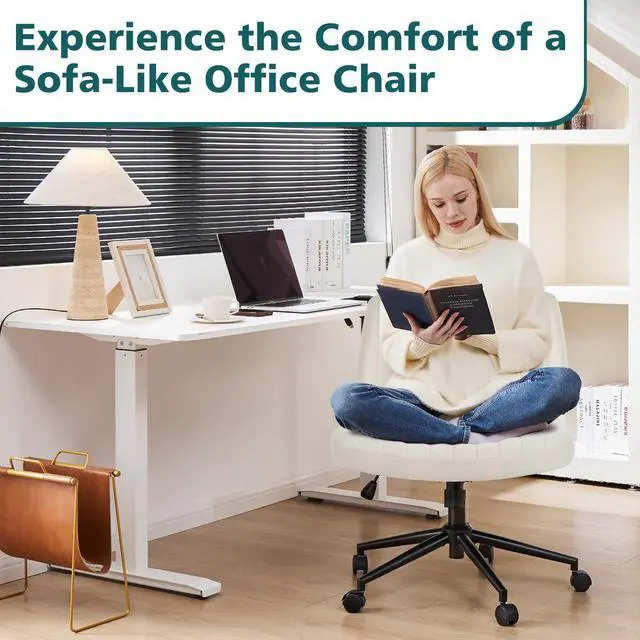 Alt view image 2 of 7 - Criss Cross Chair with Wheels Wide Cross Legged Office Desk Vanity Chair Comfy Fabric Armless Adjustable Swivel for Home Computer Task Fabric Beige