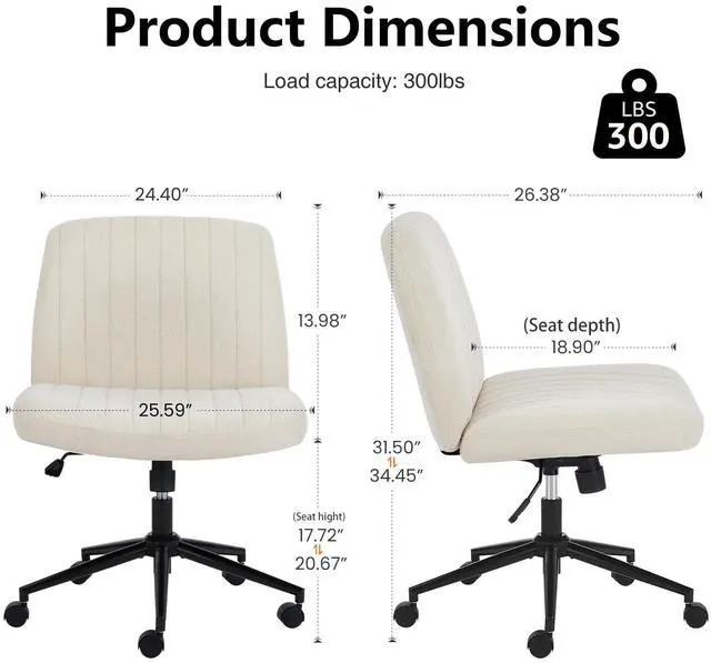 Alt view image 4 of 7 - Criss Cross Chair with Wheels Wide Cross Legged Office Desk Vanity Chair Comfy Fabric Armless Adjustable Swivel for Home Computer Task Fabric Beige