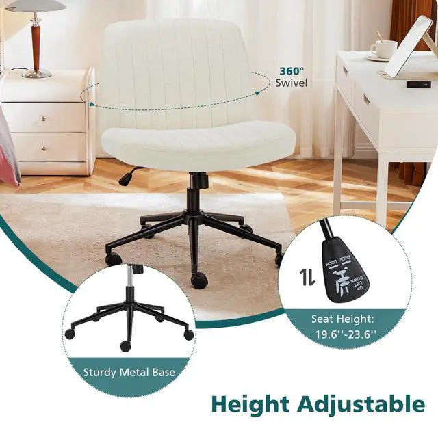 Alt view image 3 of 7 - Criss Cross Chair with Wheels Wide Cross Legged Office Desk Vanity Chair Comfy Fabric Armless Adjustable Swivel for Home Computer Task Fabric Beige