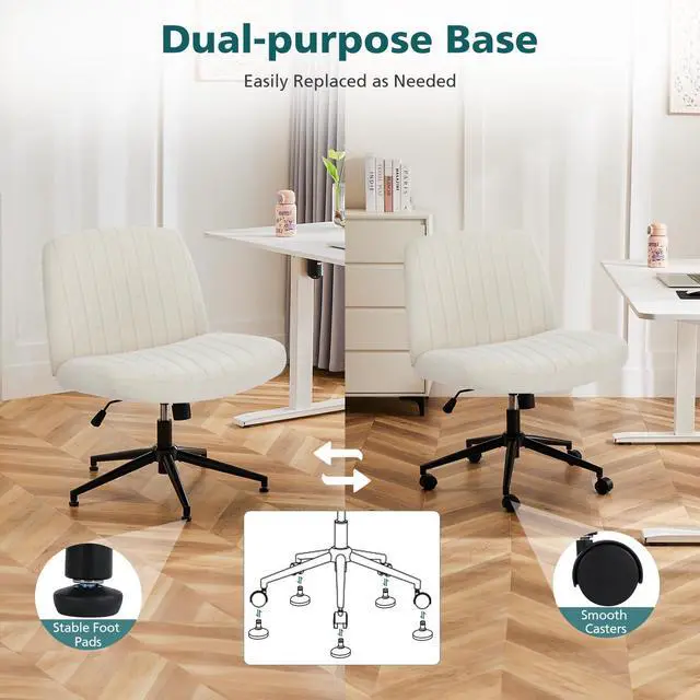 Alt view image 5 of 7 - Criss Cross Chair with Wheels Wide Cross Legged Office Desk Vanity Chair Comfy Fabric Armless Adjustable Swivel for Home Computer Task Fabric Beige