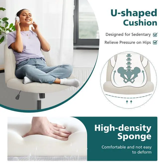 Alt view image 7 of 7 - Criss Cross Chair with Wheels Wide Cross Legged Office Desk Vanity Chair Comfy Fabric Armless Adjustable Swivel for Home Computer Task Fabric Beige