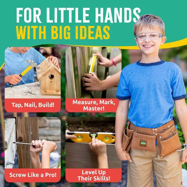 Alt view image 4 of 6 - Deluxe Kids Tool Set, Real Tools with Leather Tool Belt & Tool Box, Beginner Tool Kit for Boys & Girls Ages 4-6 & Up, Brown Ultimate Tool Set