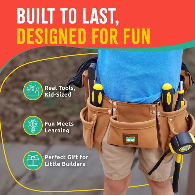 Alt view image 5 of 6 - Deluxe Kids Tool Set, Real Tools with Leather Tool Belt & Tool Box, Beginner Tool Kit for Boys & Girls Ages 4-6 & Up, Brown Ultimate Tool Set