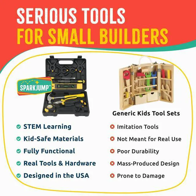 Alt view image 6 of 6 - Deluxe Kids Tool Set, Real Tools with Leather Tool Belt & Tool Box, Beginner Tool Kit for Boys & Girls Ages 4-6 & Up, Brown Ultimate Tool Set