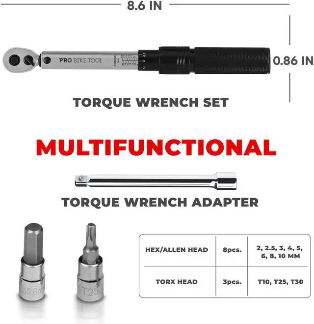 Main image of 1/4 Inch Drive Click Bicycle Torque Wrench Set 2 to 20 Nm Maintenance Kit for Road and Mountain Bikes - Includes Allen and Torx Screws, Extension Bar and Storage Box - ISO Certified