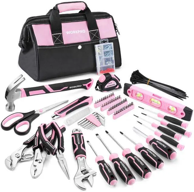 Main image of Pink Tool Set, 277 PCS Home Repairing Tool Kit, Pink Tool Bag with 13-Inch Wide Mouth Open Storage Bag, Portable Home Tool Kit Including Hammer, Screwdriver, and Household Tools - Pink Ribbon