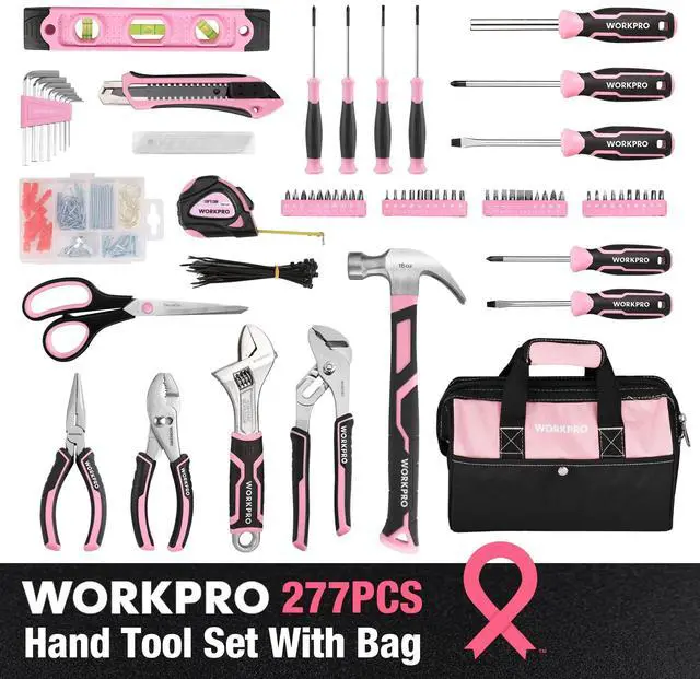 Alt view image 2 of 7 - Pink Tool Set, 277 PCS Home Repairing Tool Kit, Pink Tool Bag with 13-Inch Wide Mouth Open Storage Bag, Portable Home Tool Kit Including Hammer, Screwdriver, and Household Tools - Pink Ribbon