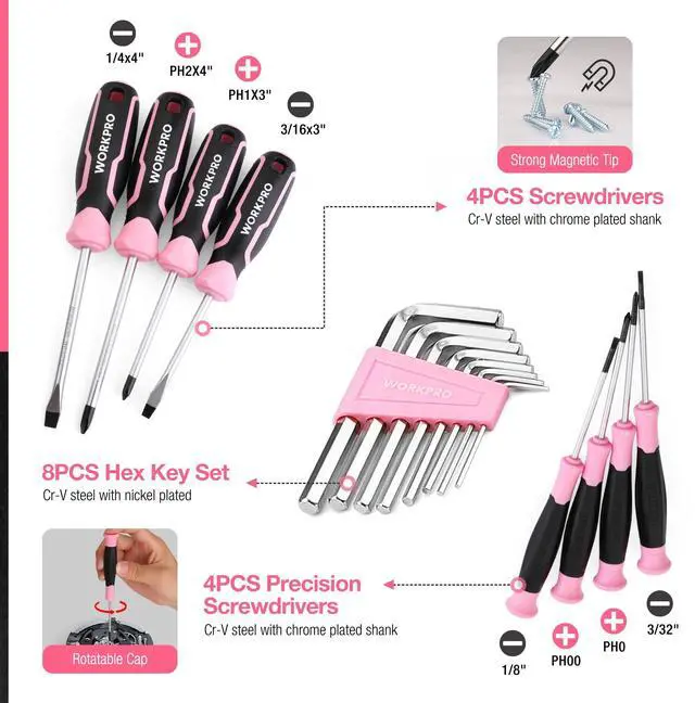 Alt view image 5 of 7 - Pink Tool Set, 277 PCS Home Repairing Tool Kit, Pink Tool Bag with 13-Inch Wide Mouth Open Storage Bag, Portable Home Tool Kit Including Hammer, Screwdriver, and Household Tools - Pink Ribbon