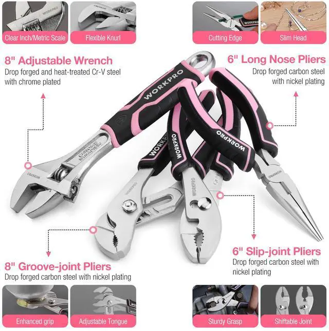 Alt view image 4 of 7 - Pink Tool Set, 277 PCS Home Repairing Tool Kit, Pink Tool Bag with 13-Inch Wide Mouth Open Storage Bag, Portable Home Tool Kit Including Hammer, Screwdriver, and Household Tools - Pink Ribbon