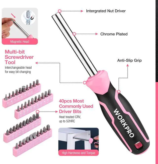 Alt view image 6 of 7 - Pink Tool Set, 277 PCS Home Repairing Tool Kit, Pink Tool Bag with 13-Inch Wide Mouth Open Storage Bag, Portable Home Tool Kit Including Hammer, Screwdriver, and Household Tools - Pink Ribbon