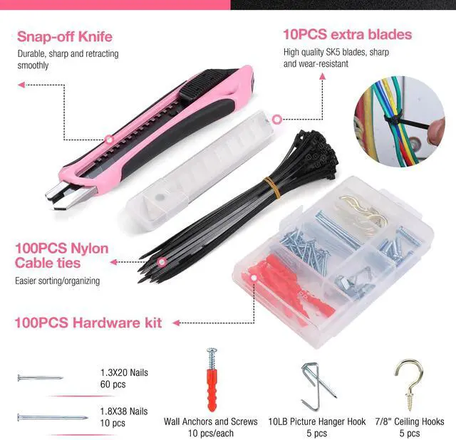 Alt view image 7 of 7 - Pink Tool Set, 277 PCS Home Repairing Tool Kit, Pink Tool Bag with 13-Inch Wide Mouth Open Storage Bag, Portable Home Tool Kit Including Hammer, Screwdriver, and Household Tools - Pink Ribbon
