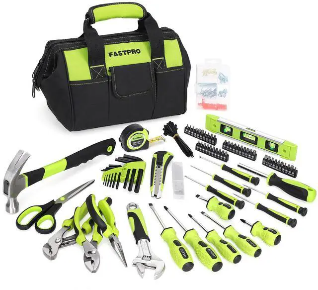 Main image of FASTPRO 220-Piece Home Tool Set, Household Repairing Tool Kit, with 12-Inch Wide Mouth Open Storage Tool Bag, Green