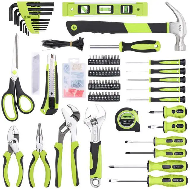 Alt view image 3 of 7 - FASTPRO 220-Piece Home Tool Set, Household Repairing Tool Kit, with 12-Inch Wide Mouth Open Storage Tool Bag, Green