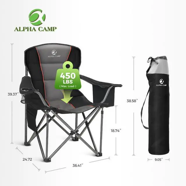 Alt view image 2 of 7 - Oversized Camping Folding Chair, Heavy Duty Support 450 LBS Steel Frame Collapsible Padded Arm Chair with Cup Holder Quad Lumbar Back, Portable for Outdoor,Black