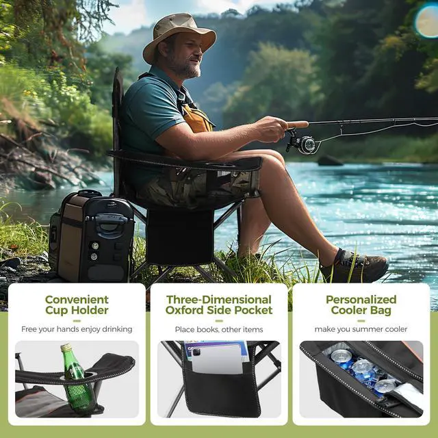 Alt view image 5 of 7 - Oversized Camping Folding Chair, Heavy Duty Support 450 LBS Steel Frame Collapsible Padded Arm Chair with Cup Holder Quad Lumbar Back, Portable for Outdoor,Black