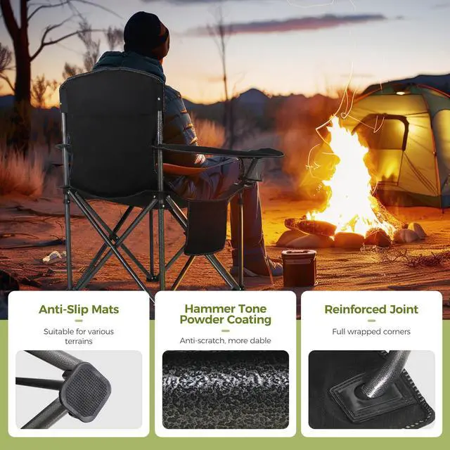 Alt view image 4 of 7 - Oversized Camping Folding Chair, Heavy Duty Support 450 LBS Steel Frame Collapsible Padded Arm Chair with Cup Holder Quad Lumbar Back, Portable for Outdoor,Black