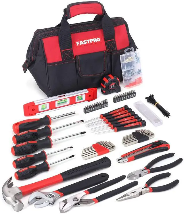 Main image of 215-Piece Home Repairing Tool Set with 12-Inch Wide Mouth Open Storage Bag,Household Hand Tool Kit,Red