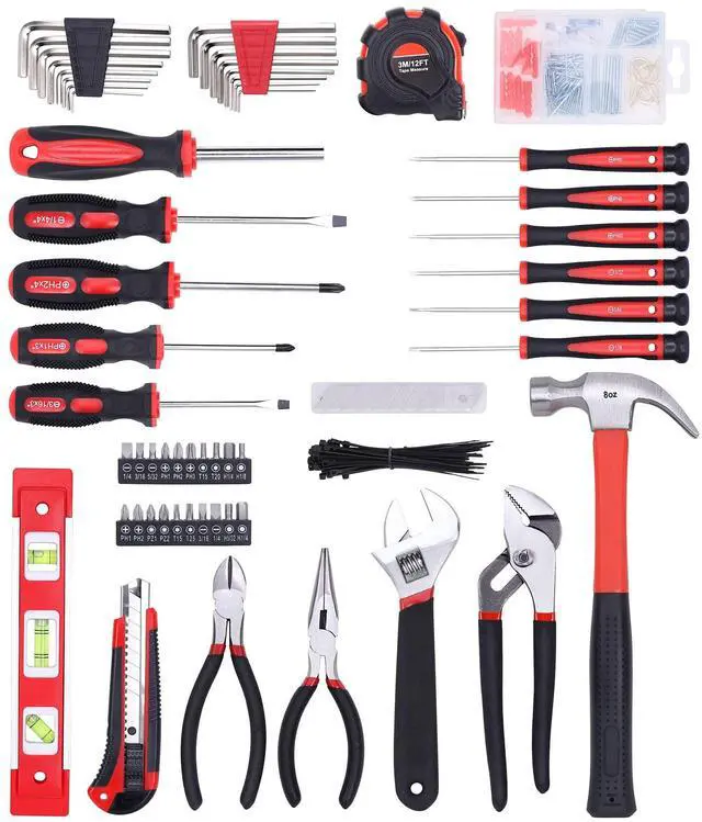 Alt view image 2 of 7 - 215-Piece Home Repairing Tool Set with 12-Inch Wide Mouth Open Storage Bag,Household Hand Tool Kit,Red