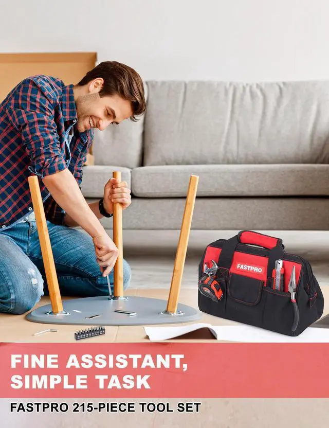 Alt view image 3 of 7 - 215-Piece Home Repairing Tool Set with 12-Inch Wide Mouth Open Storage Bag,Household Hand Tool Kit,Red