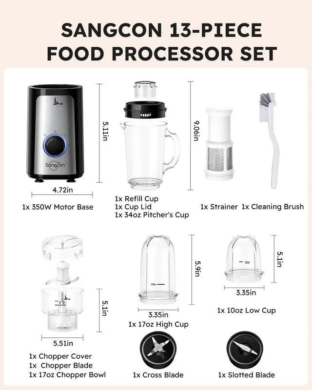 Alt view image 6 of 7 - 5 in 1 Blender and Food Processor Combo for Kitchen, Small Electric Food Chopper for Meat and Vegetable, 350W High Speed Blenders with 2 Speeds and Pulse for Smoothies and Shakes