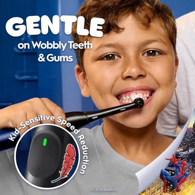 Alt view image 3 of 7 - iO Kids Limited Rechargeable Electric Powered Toothbrush, Spiderman with 1 Gentle Care Brush Head - Automatic Pressure Sensor to Protect Gums - 3 Cleaning Settings - 2 Min Music Timer