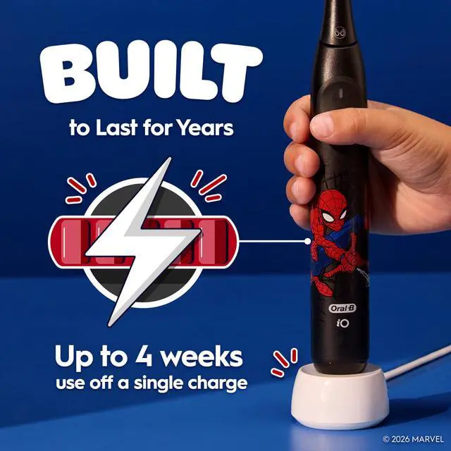 Alt view image 7 of 7 - iO Kids Limited Rechargeable Electric Powered Toothbrush, Spiderman with 1 Gentle Care Brush Head - Automatic Pressure Sensor to Protect Gums - 3 Cleaning Settings - 2 Min Music Timer