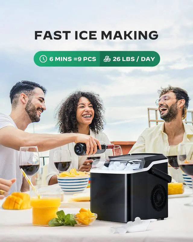 Alt view image 5 of 7 - Countertop Ice Maker, 9 Cubes Ready in 6 Mins, 26lbs in 24Hrs, Portable Ice Machine with Self-Cleaning, 2 Sizes of Bullet Ice for Home/Kitchen/Party/RV, Black
