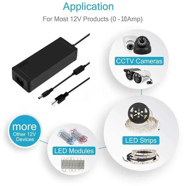 Alt view image 2 of 6 - AC to DC 12V 10A 120W Power Supply Adapter 5.5mm x 2.1mm Wall Power Plug for LED