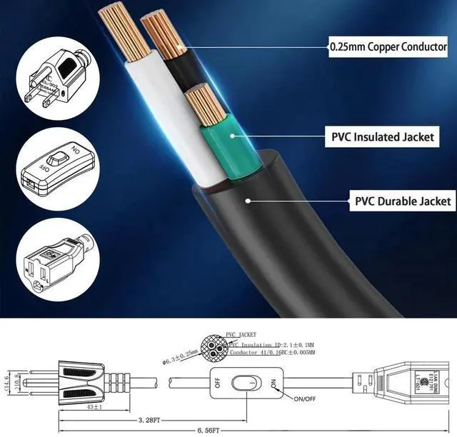 Alt view image 3 of 6 - Long Extension Cord with Switch On/Off 3 Prong Grounded Plug Indoor Power Cor...