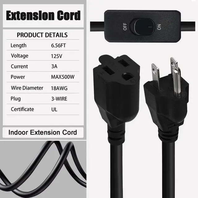 Alt view image 5 of 6 - Long Extension Cord with Switch On/Off 3 Prong Grounded Plug Indoor Power Cor...